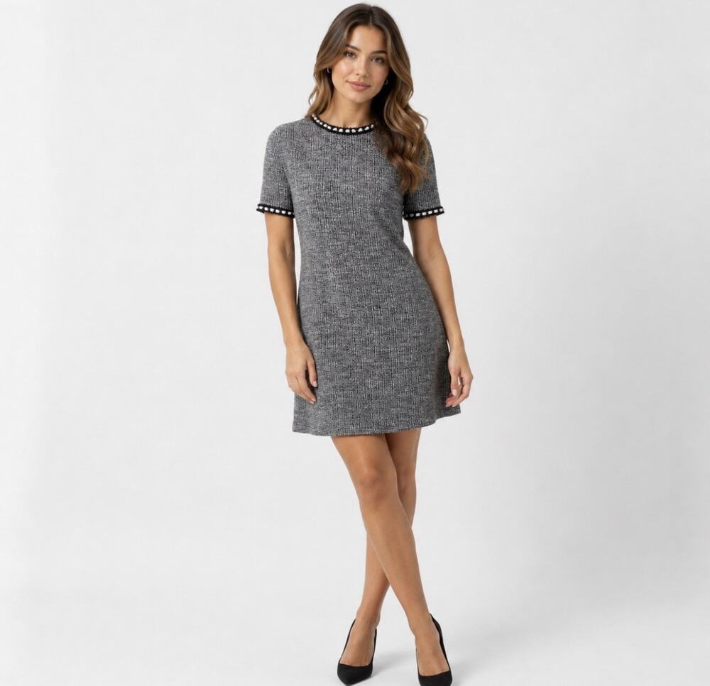 ZARA Gray Tweed Mini Dress Women M Faux Pearl Trim Short Sleeve